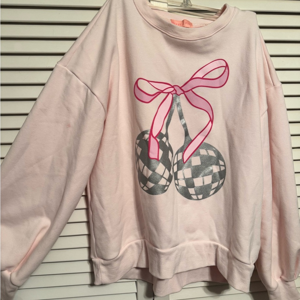 Pink Graphic Women's Sweater. Poppy & Pine coquette bow with disco ball. Size M